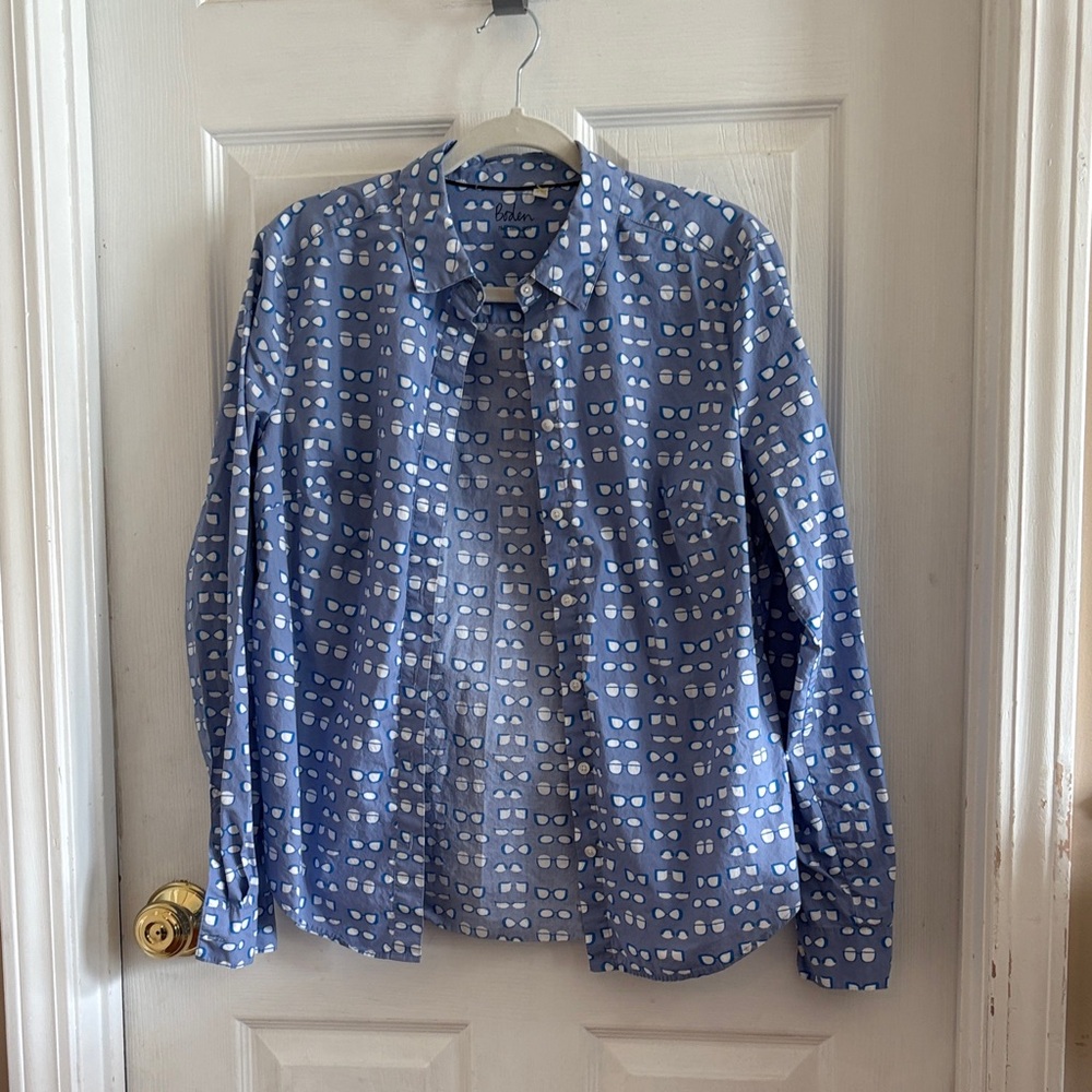 Boden Women’s 10 Blue and White Glasses Print Button Down Shirt